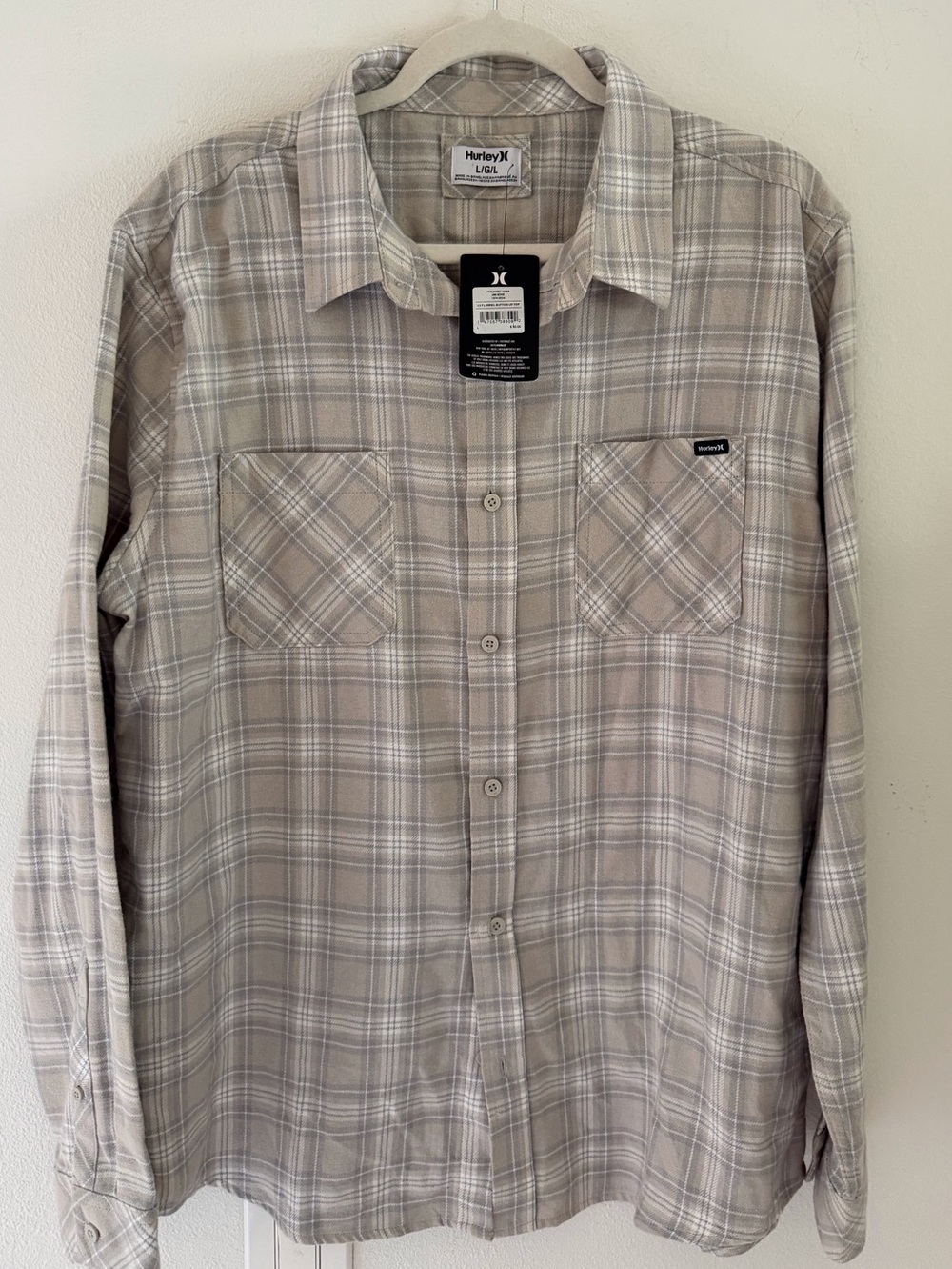 Hurley Men's Light Beige/Grey Plaid Soft Flannel Button-Down Shirt Size L NWT